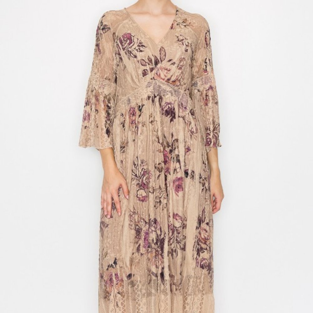 NEW ORIGAMI all lace lined MAXI DRESS western hippie gypsy SM-3X roses MAGNOLIA